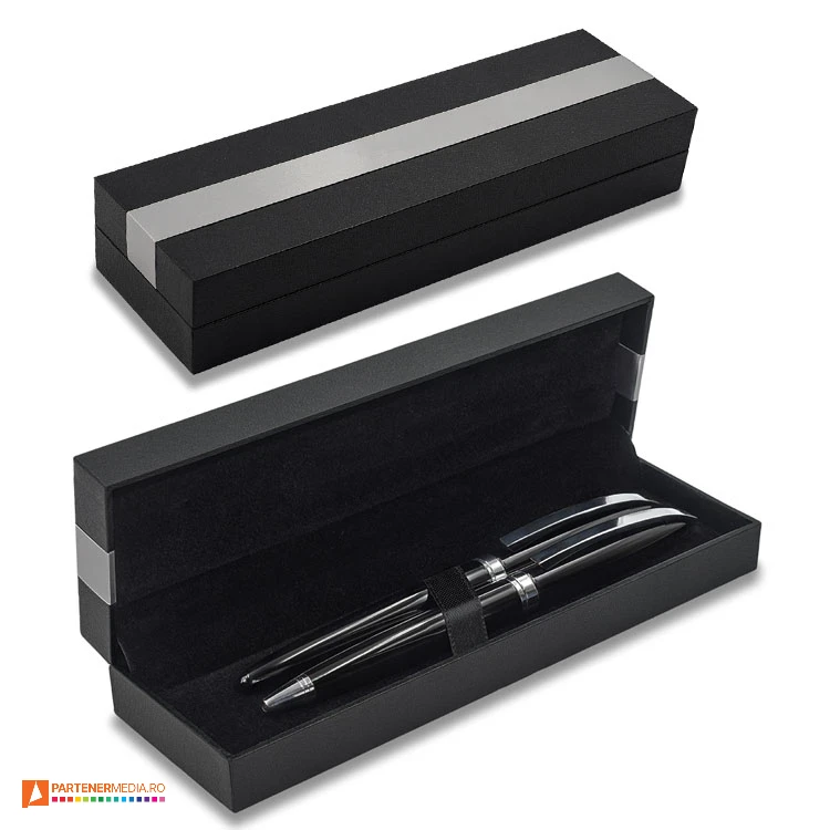 Seturi de pixuri cu mecanism de rotire si stilouri din metal, in cutie eleganta de cadou seturi de pixuri metalice promotionale cu design elegant r02332