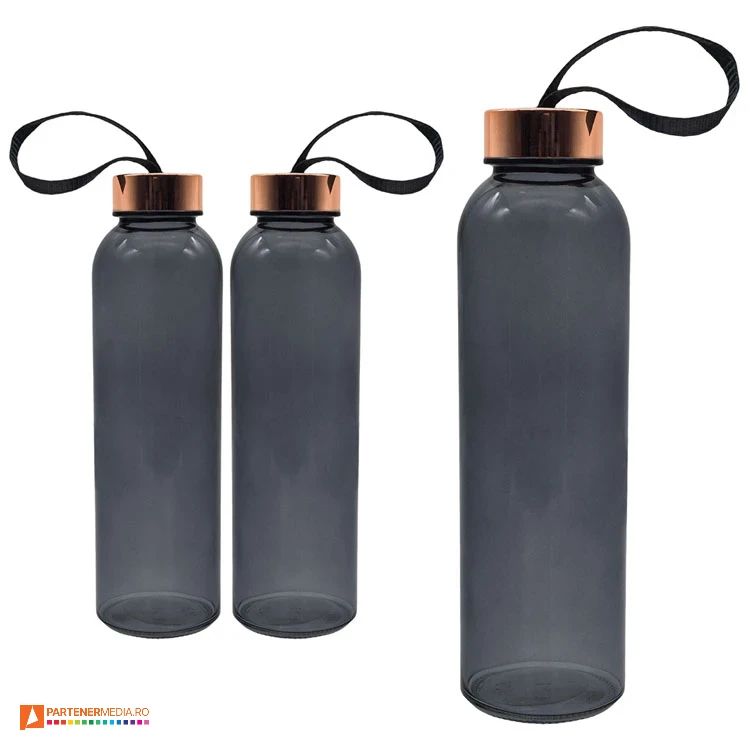 Bidoane promotionale de 500 ml din stilca, cu capac auriu metalic si snur bidoane din sticla promotionale de 500 ml r08169