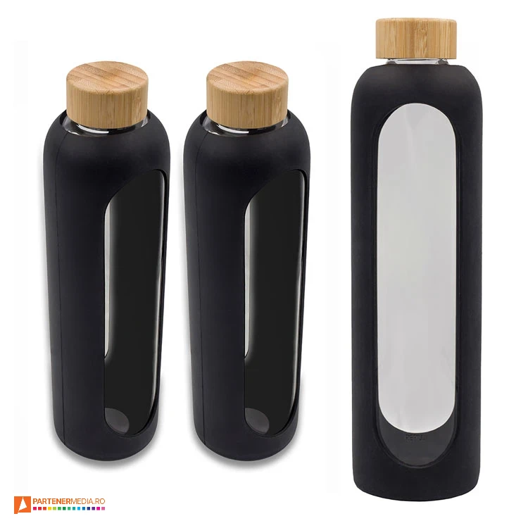 sticle promotionale transparente cu husa din silicon neagra r08187