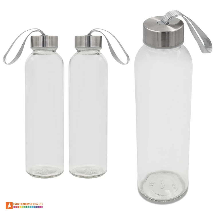 Sticle promotionale transparente cilindrice de 500 ml cu capac argintiu metalic sticle transparente promotionale de 500 ml r08189