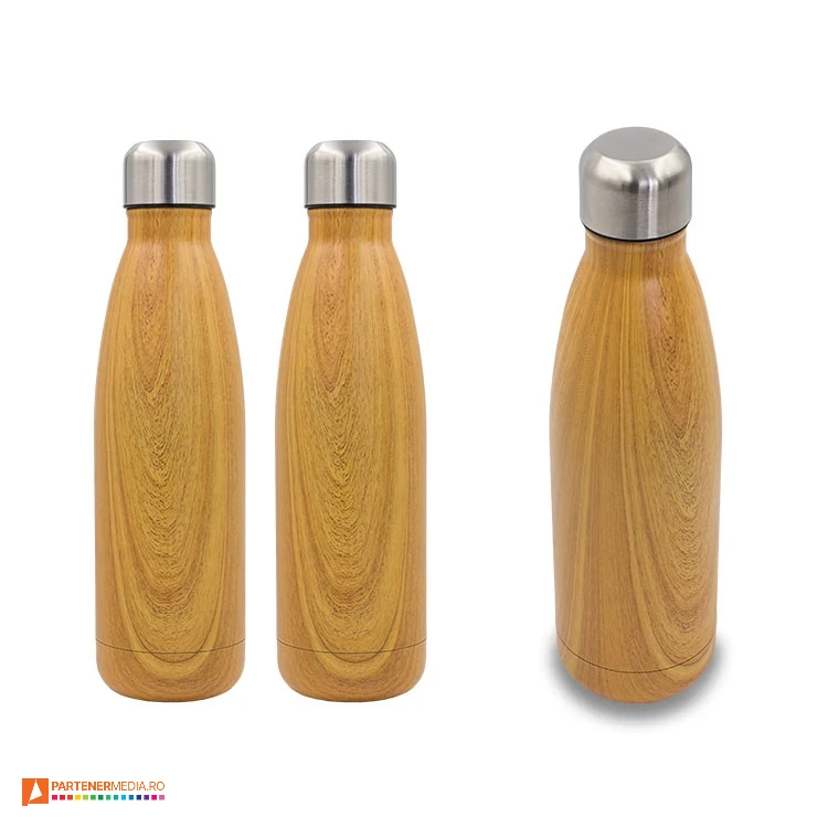 Sticle promotionale termoizolante din otel inoxidabil cu design de lemn si capacitate de 500 ml sticle termoizolante cu suprafata din imitatie de lemn r08205