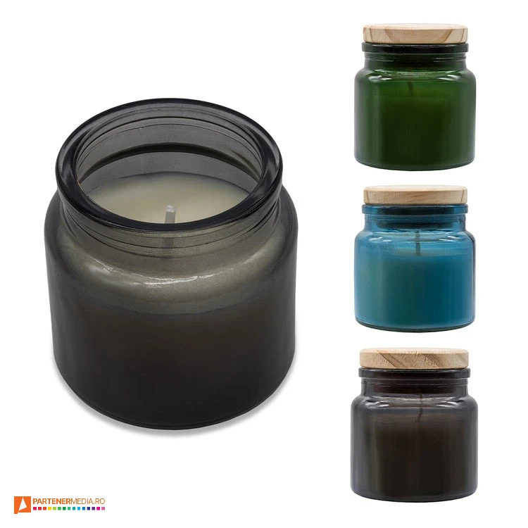lumanari promotionale in sticla colorata cu capac din lemn r17379 poza 1