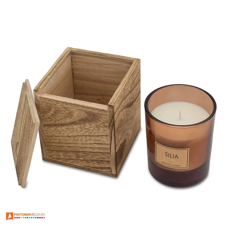 candele din sticla cu lumanare parfumata si cutie din lemn r17417 poza 1