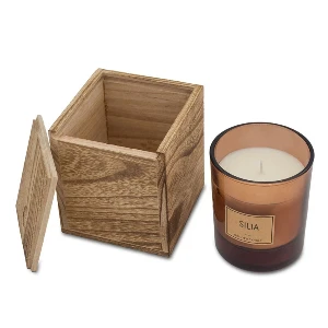 candele din sticla cu lumanare parfumata si cutie din lemn r17417