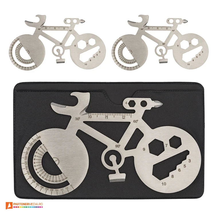 Unelte multifunctionale din otel inoxidabil cu husa din imitatie de piele unelte multifunctionale promotionale cu forma de bicicleta r17488
