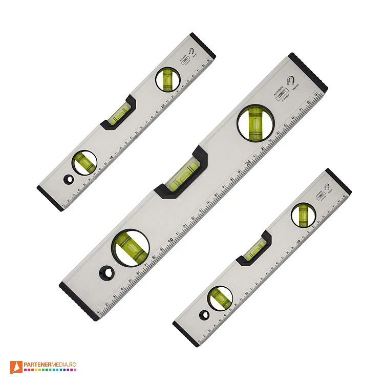 Nivele din aluminiu cu 3 fiole de masurare si lungime de 30 centimetri nivele promotionale cu 3 bule de aer si suprafata magnetica r17611
