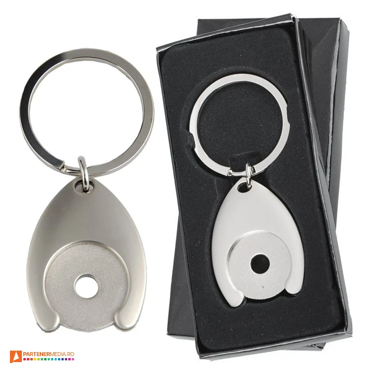 Brelocuri din metal cu moneda si inel mare pentru chei in cutie de cadou brelocuri metalice cu moneda detasabila r73269