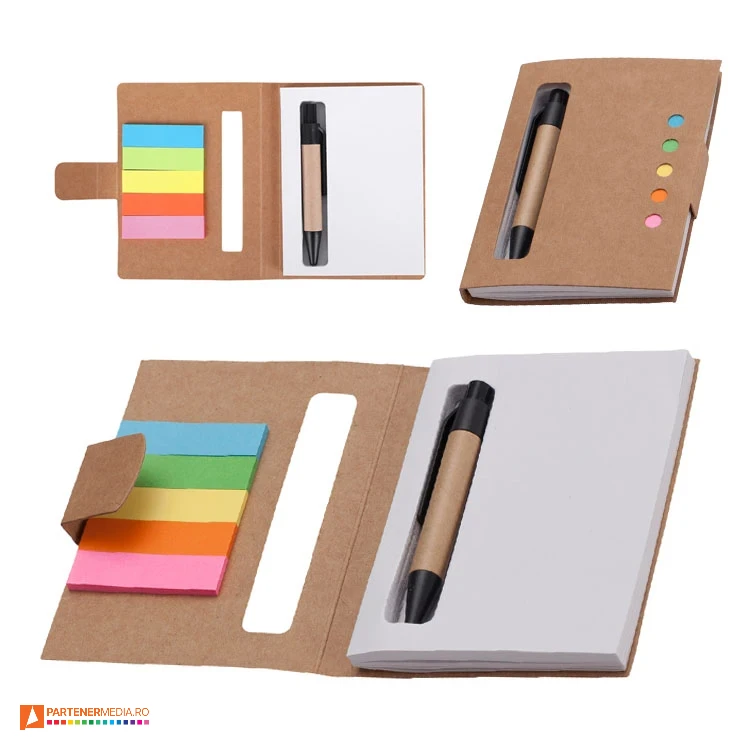 Mini notebook-uri cu 100 file, cu pix si 5 seturi de etichete colorate autoadezive notesuri promotionale cu pix si etichete colorate r73667