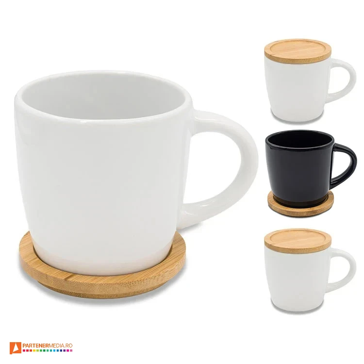cani din ceramica promotionale cu farfurie din lemn r85302 poza 1