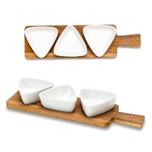 seturi de 3 boluri triunghiulare ceramice cu suport din lemn r85316