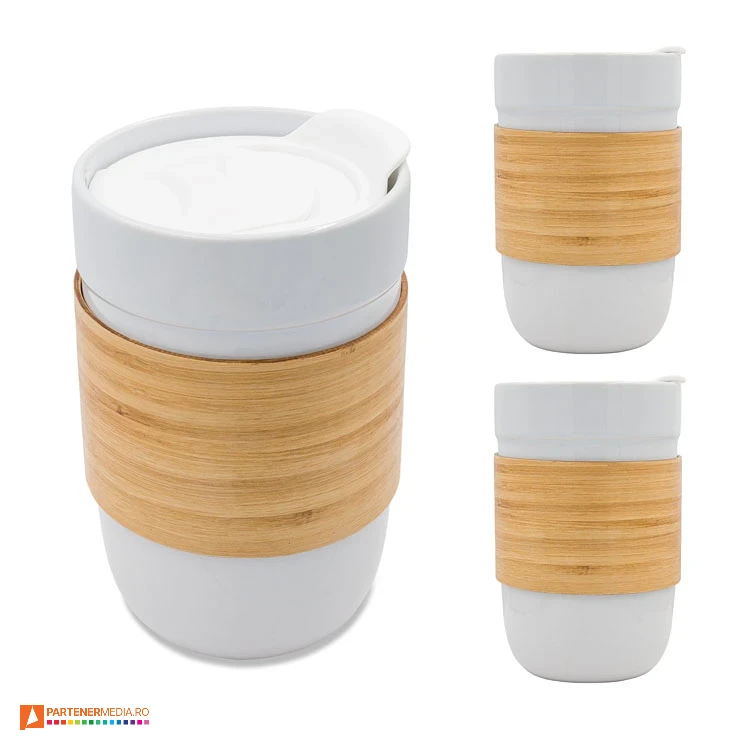Pahare ceramice promotionale de 500 ml, cu capac din plastic si manson din lemn pahare ceramice de 500 ml cu manson din lemn r85321