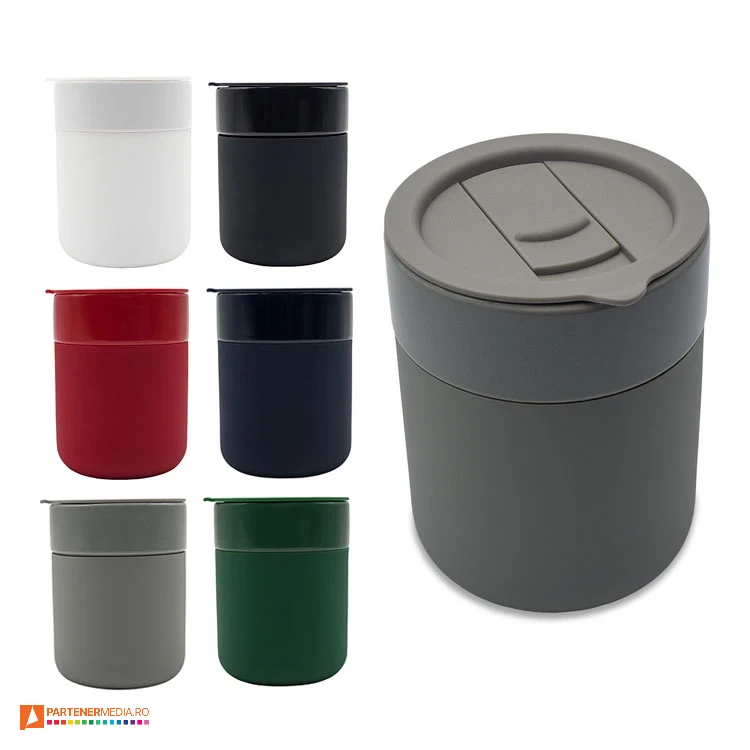 Pahare ceramice promotionale cu capac si protectie antiscurgere pahare ceramice de 370 ml cu capac r85322