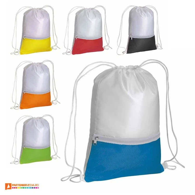 rucsacuri albe cu snururi duble si buzunar frontal colorat 17141