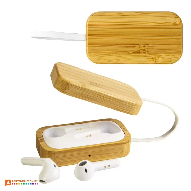 casti audio earbuds cu statie din lemn de bambus 21444