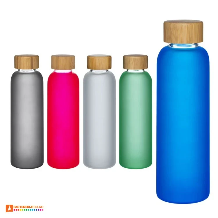 bidoane promotionale din sticla sablata cu capac din lemn 23404
