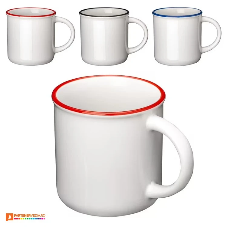 cani ceramice albe de 240 ml cu margine colorata 23418 cani ceramice albe de 240 ml cu margine colorata 23418 poza 1