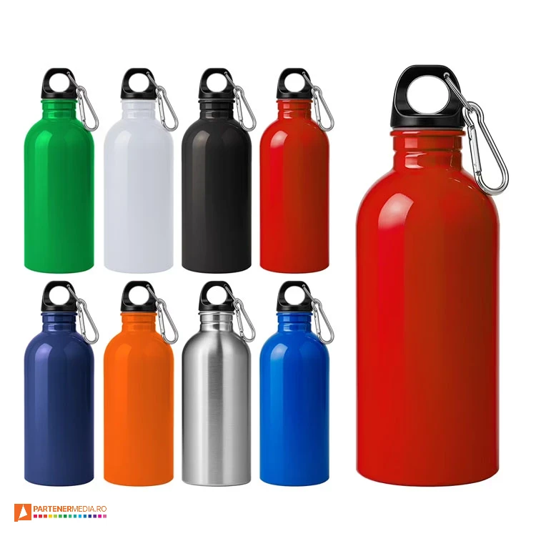 Bidoane promotionale de 400 ml din otel inoxidabil reciclat cu carabina bidoane ecologice de 400 ml din otel inoxidabil reciclat 26432