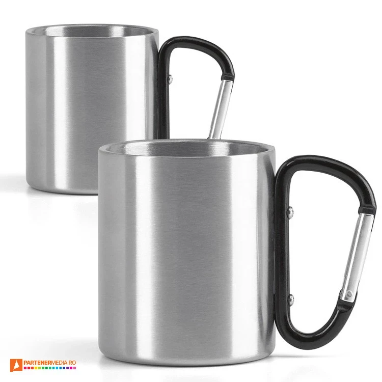 Cani argintii metalice cu capacitate de 230 ml si carabina neagra 94614 cani metalice cu carabina