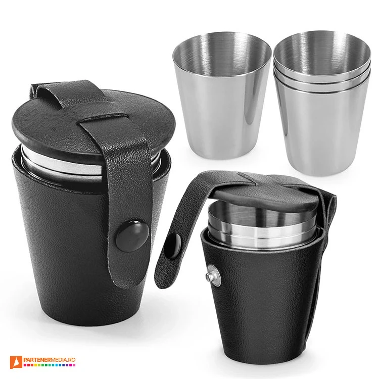 Seturi de 4 pahare de 25 ml din otel inoxidabil cu husa shaker din imitatie de piele seturi de pahare metalice 94664