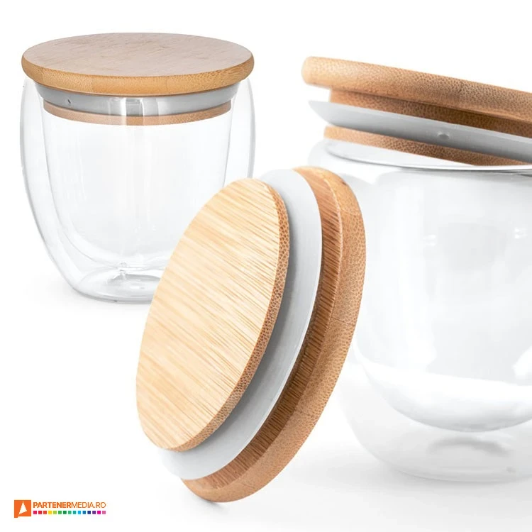 pahare de 250 ml din sticla cu capac din bambus 94766