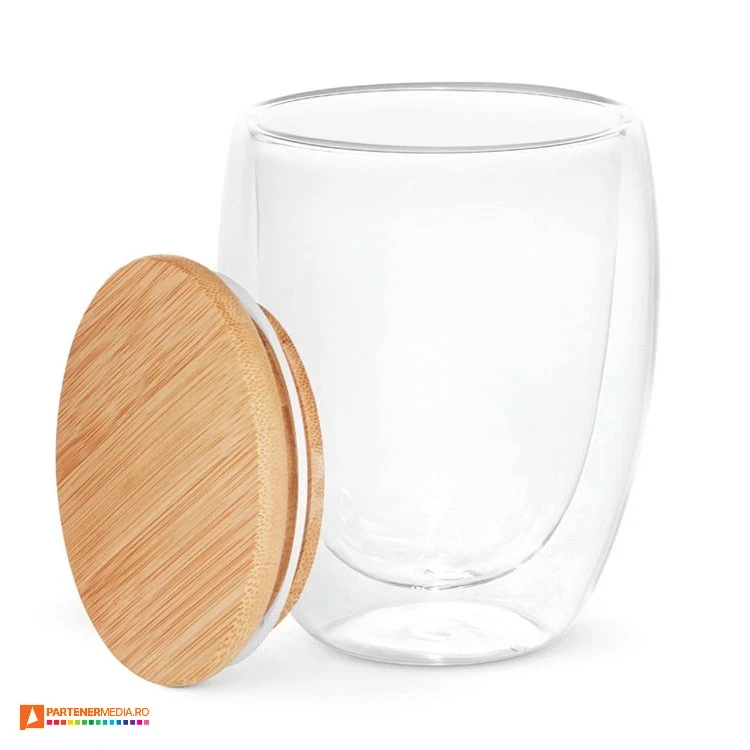 Pahare promotionale de 350 ml din sticla cu pereti dubli si capac din bambus pahare din sticla cu perete dublu si capac din bambus 94767